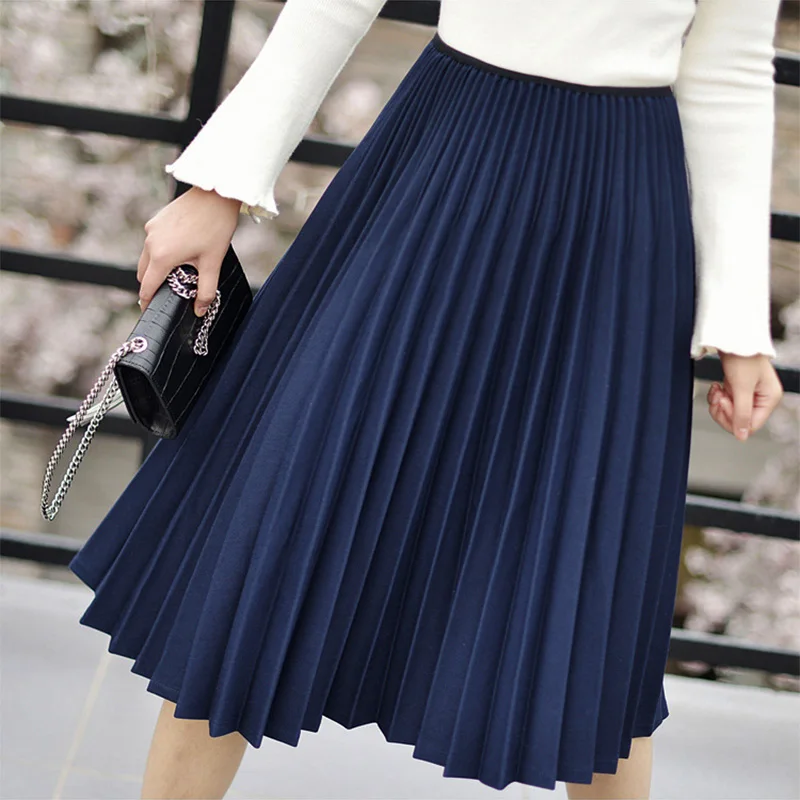 

Qiuxuan 2019 Autumn Winter Long Skirt Women Pleated Skirt Elastic Waist High Waist Big Swing Vintage Female Casual Midi Skirt