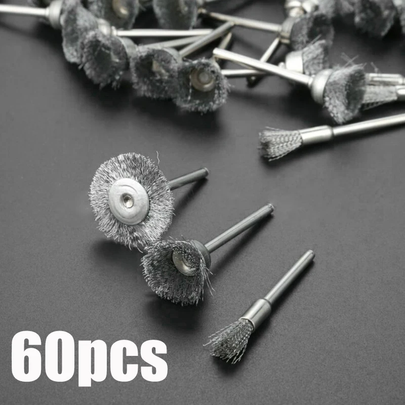 Steel Wire Wheel Brushes 60Pcs 3mm Shank For Metal Rust Removal Polishing Drill Rotary Tool wire brush,drill brush