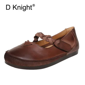 

Spring 2020 New Women Flat Platform Shoes Handmade Genuine Leather Shallow Mouth Mother Shoes Retro Single Lady Flats Work Shoes