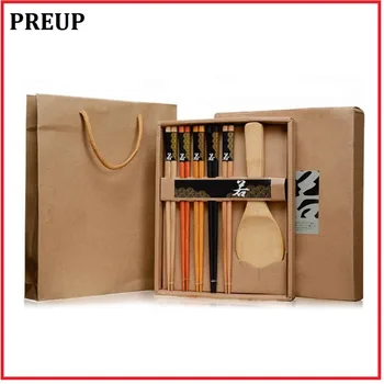 

PREUP Japanese Style Natural Bamboo 5 Pairs/Set Reusable Chopstick + Rice Scoop Home Exquisite Tableware Set Best Gift