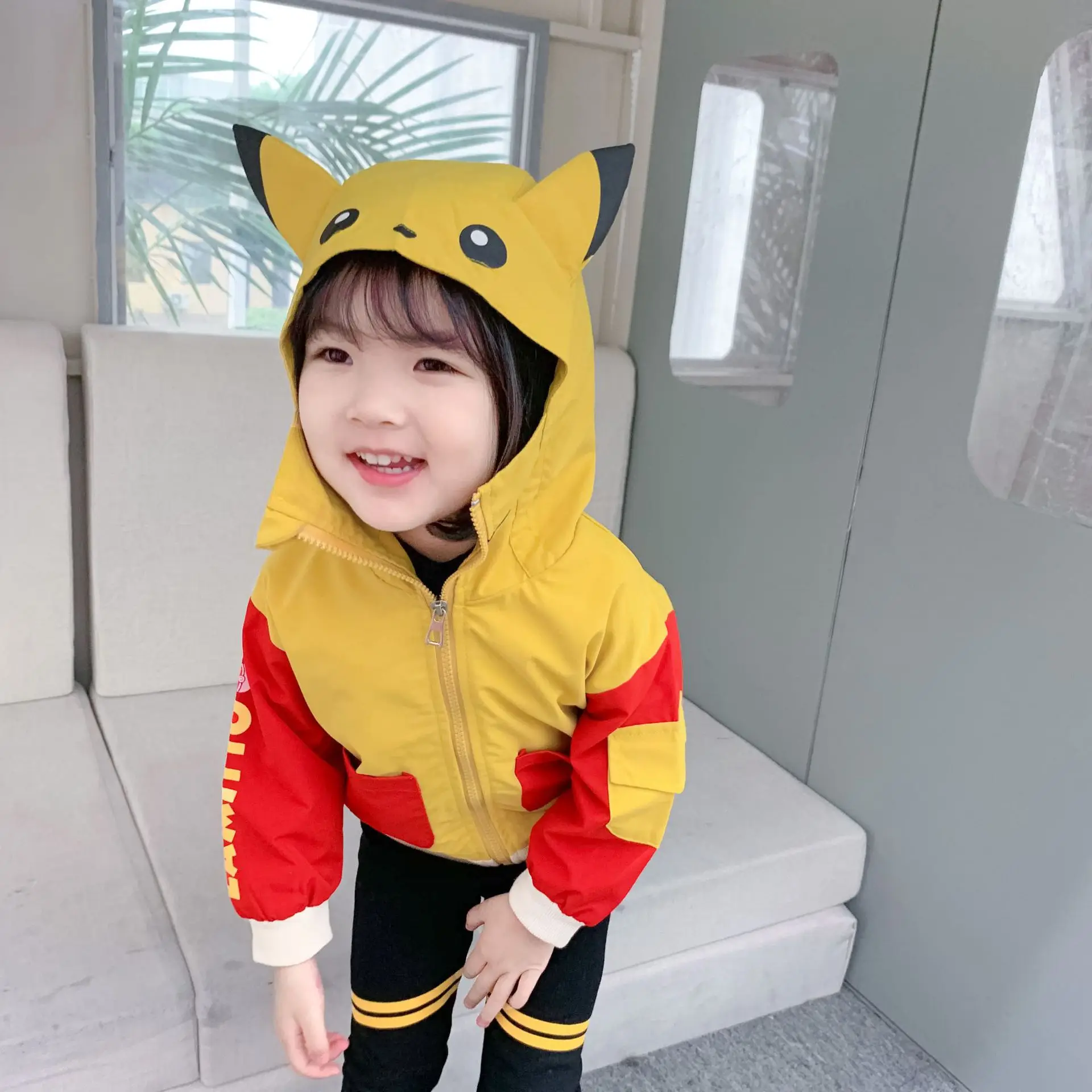 

New autumn Korean style cute cartoon pattern long-sleeved hit color hooded windbreak jacket outerwear with bow tie for girls