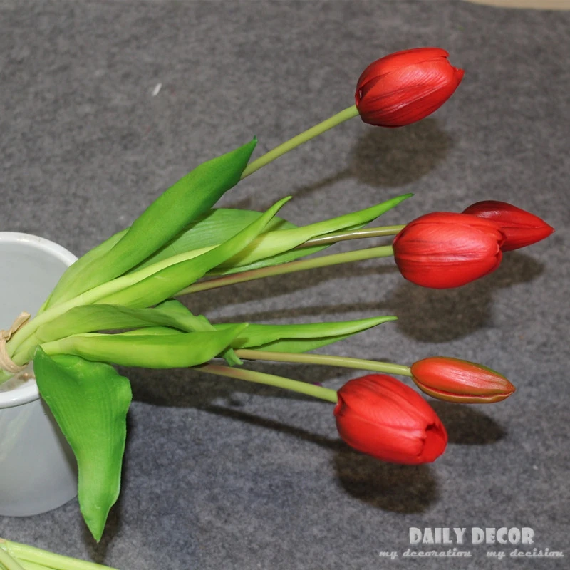 red tulips 6 букеты!, высокое моделирование, настоящее прикосновение, 5 головок, мягкий пластиковый букет тюльпанов, свадебный букет, искусственный цветок тюльпана - Цвет: red tulips