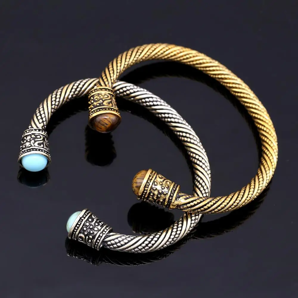 Kaymen Vintage Statement Cuff Bangle Bracelet Men Women Unisex Jewelry Inlaid Tiger's-eye Stone Viking Bangle