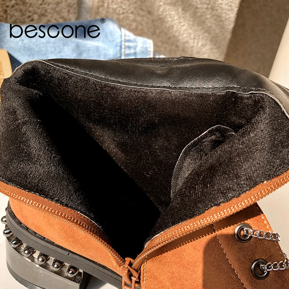 BESCONE/модные женские ботинки до середины икры зимняя обувь ручной работы с круглым носком на квадратном каблуке на молнии классические женские ботинки на среднем каблуке 4 см; BM82