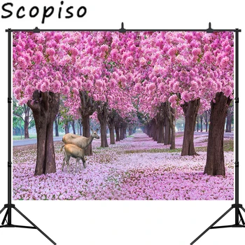 

Scopiso Spring Pink Flowers Road Photography Backdrop Garden Path Deer Background Park Natural Scenery Photo Studio Props
