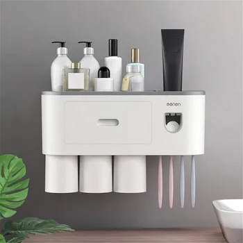 

Home toothbrush and toothpaste rack bathroom accessories Wall-Mounted Toothbrush and Toothpaste Storage Set With Cover No Drill