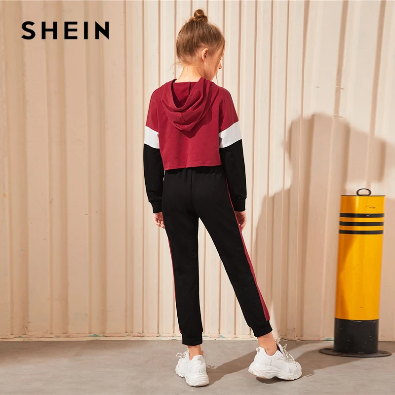 SHEIN/Детский свитер с капюшоном и цветными блоками для девочек и морские брюки; комплекты для детей; коллекция года; осенняя одежда с длинными рукавами для активного отдыха; повседневные комплекты