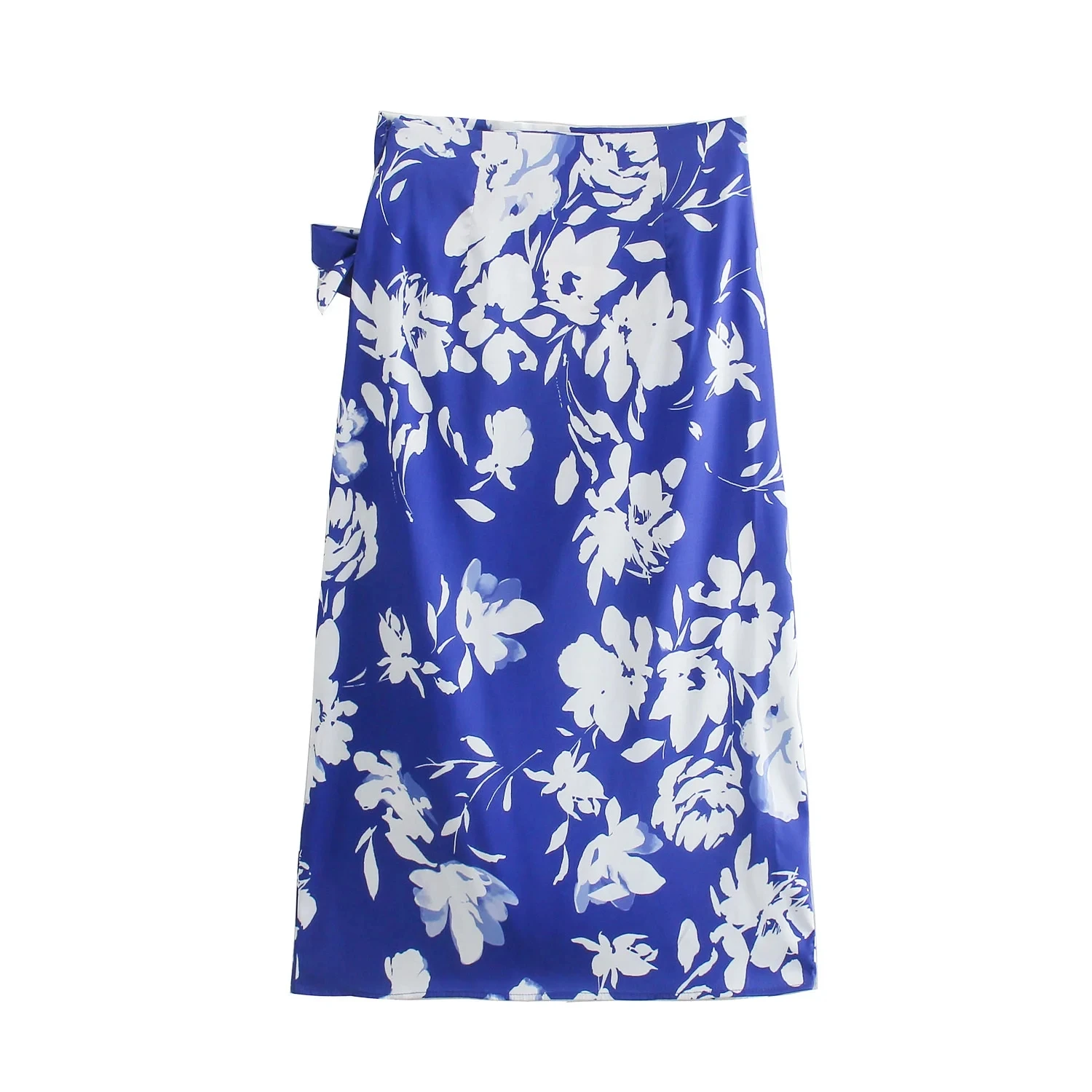 silk skirt BlingBlingee Summer Printed Draped Tie Side Zipper Closed High Waist Asymmetric Hem Woman Casual Midi Skirt Femme Jupe Blue 2022 hoop skirt