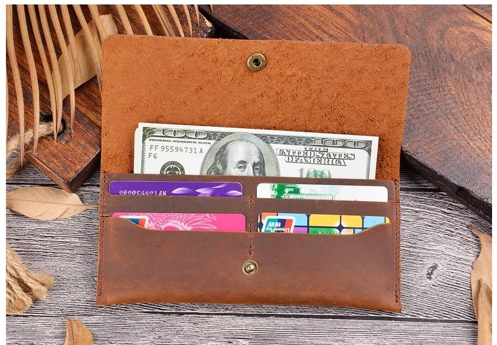 50 pieces / lot 19.5x9.5 cm Genuine Leather Long Wallet Men Bifold Men Wallet Vintage ID Card Holder Purse For Male Gifts