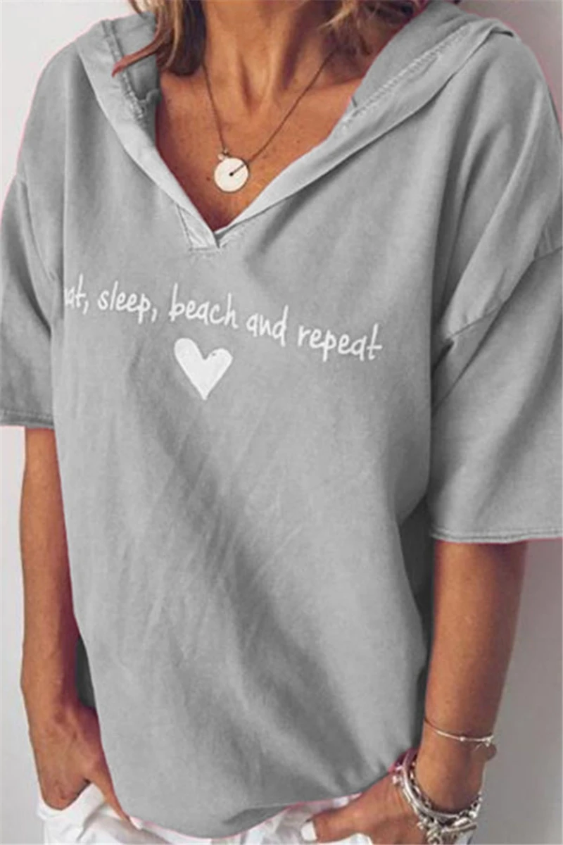 

Summer Hoody for Women Fashion Brief Casual Short Sleeve V-Neck Letter Print Tops Solid Color Loose T-Shirt