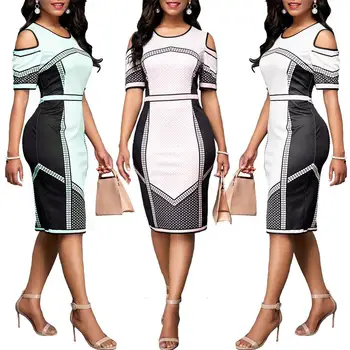 

Office Lady O Neck Short Sleeve Geometric Print Cold Shoulder Midi Bodycon Dress Geometric Print Cold Shoulder Midi Bodycon Dres