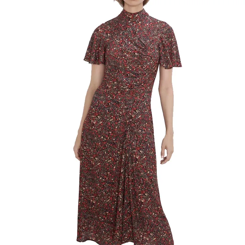

QZ222 European Design O Neck Short Sleeve Front Pleated Slim Waist Long Dress Vintage Vestidos