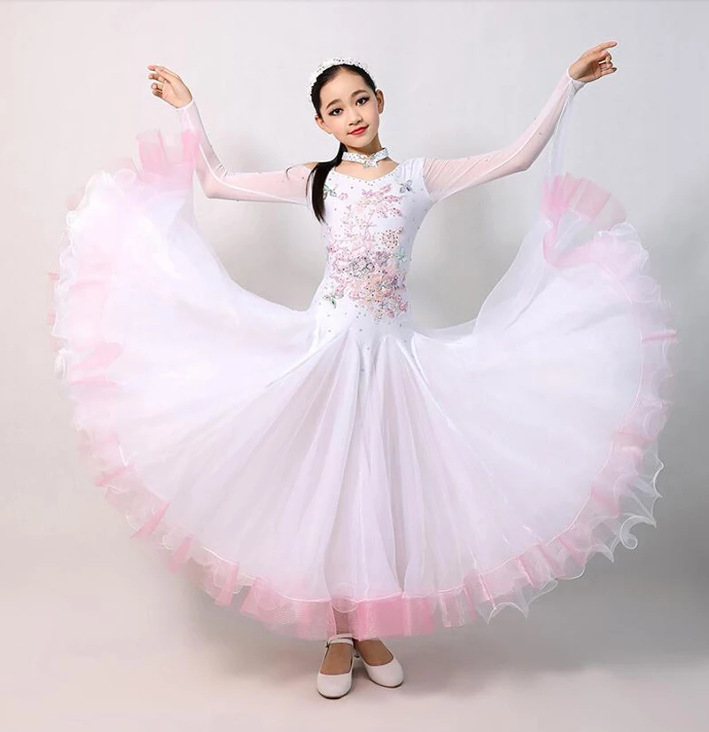 

White Ballroom Competition Dance Dresses High Quality Long Sleeve Waltz Dancing Skirt Children Ballroom Group Dance Dress