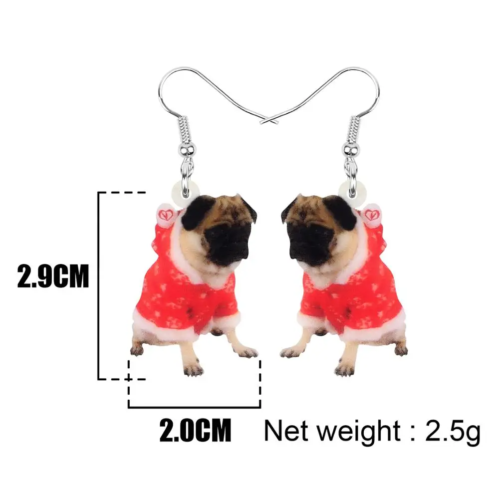 Bonsny Acrylic Christmas Costume Dress Pug Dog Earrings Drop Dangle Animal Jewelry Accessory For Women Girl Teen Kid Charms Gift