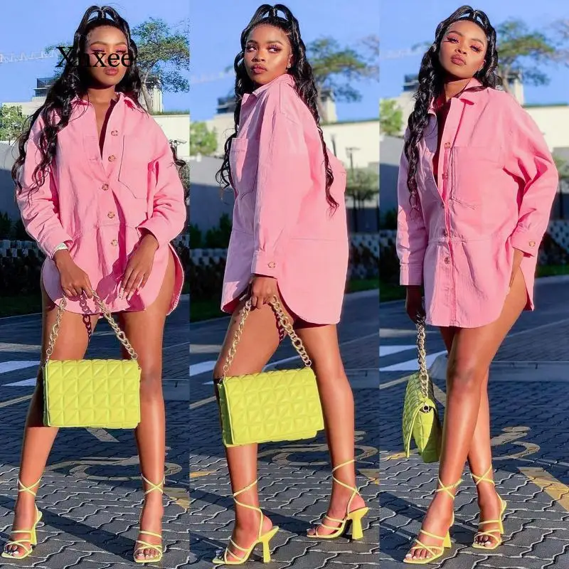 

pink Jacket dress Women New Fashion Coat Vintage Long Sleeve Button-up Female Shirt Outerwear Chic Overshirt streetwear