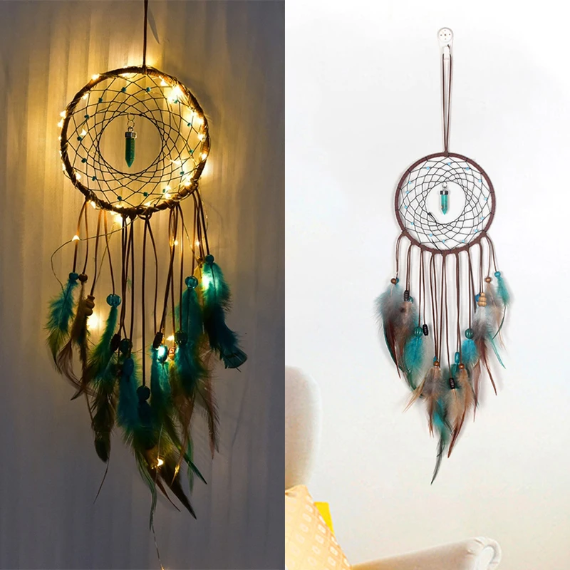 Wind Chime сеть Ловца снов Ловец снов современная мода светодиодный светильник Бирюзовый Окно комнаты свадебные украшения из перьев орнамент