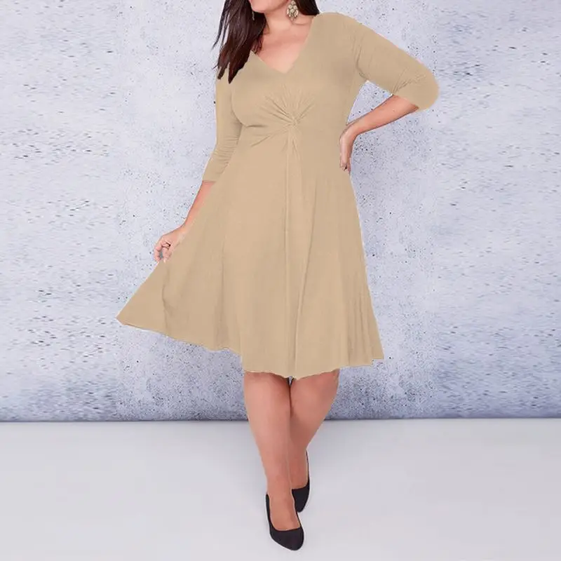 Summer Women Solid Midi Dress Ladies Half Sleeve V-Neck Sexy Shirt Dresses Casual High Waist Robe Vestidos Mujer Plus Size