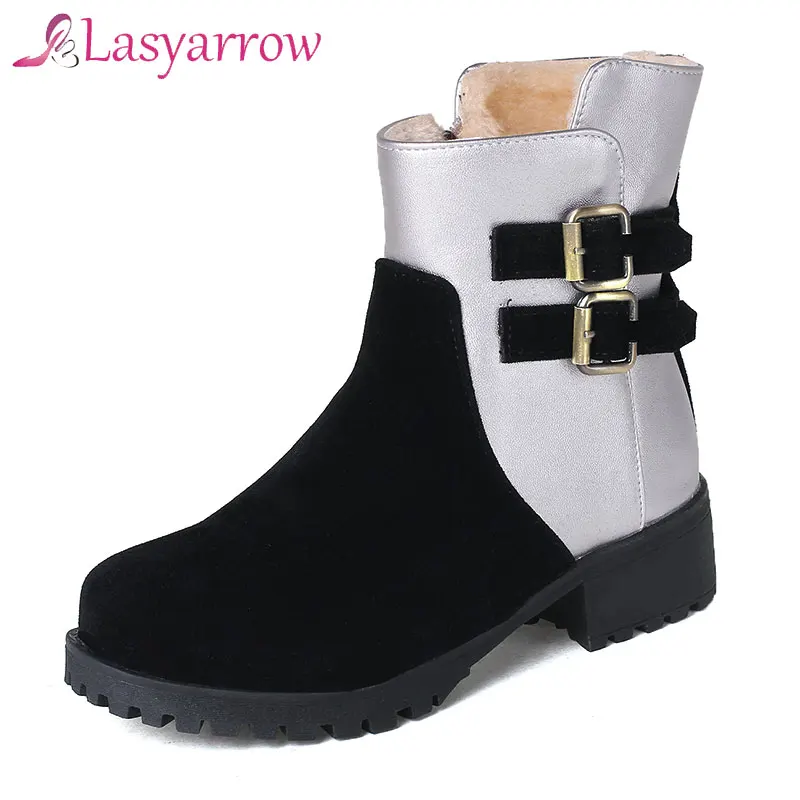 

Lasyarrow Flock Double-Breasted Super Thick Fur Not Wet Feet Ankle Boots Color-Blocking Thick Bottom Side Zipper Warm Snow Boots