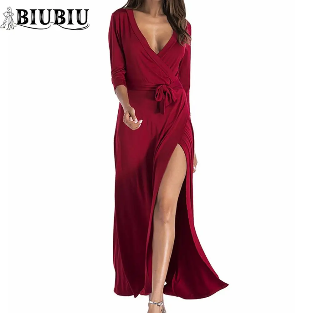 

BIUBIU Women Deep V Sexy Solid Long Dress Half Sleeve Autumn Party High Split Dresses Office Lady With Belt Woman Maxi Vestidos