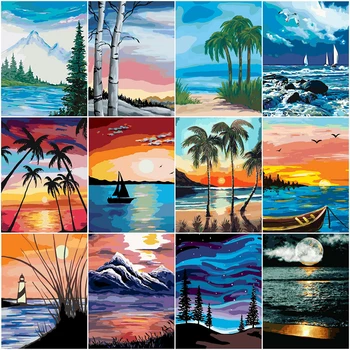 

HUACAN DIY Paint By Number Tree Scenery HandPainted Kits Drawing Canvas Pictures Home Decoration Oil Painting Summer Gift