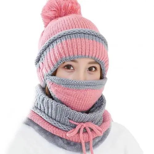 3 шт., теплая зимняя вязаная шапка skullies beanies, женская брендовая Высококачественная зимняя женская Лыжная шерстяная меховая шапка, шапки, вязаный шарф - Цвет: Розовый