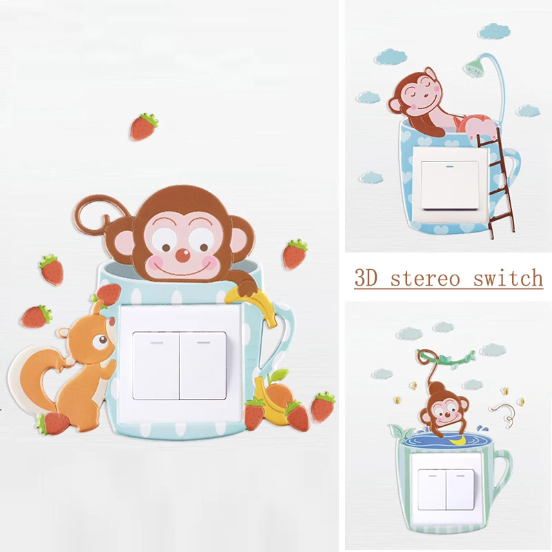 Animal monkey cover cartoon living room bedroom decoration 3D Silicone wall on-off switch light luminous wall outlet sticker