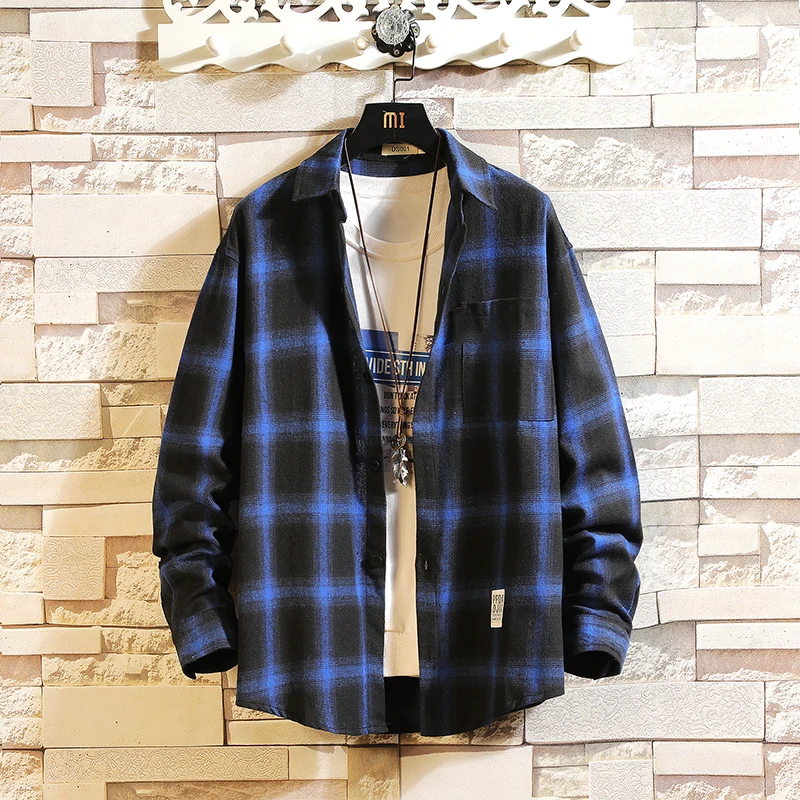 

Japan Style Print Brand Plaid Shirt Men Long Sleeve High Quality 2019 For Spring Autumn