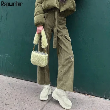 

Rapwriter Corduroy High Waist Pants With Belt Women 2020 Streetwear Cargo Pants harajuku Pockets Zipper Loose Trousers Button