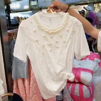 

Big Pearl Beaded Short Sleeve T-shirt Women 2020 Summer New European Style Loose Shirt Girls Lady's Tee Tops T Shirts Ropa Mujer