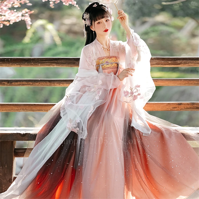 Ancient Traditional Chinese Woman Elegant Hanfu Dress Fairy Embroidery Stage Flok Dance Costume Retro Tang Dynasty Hanfu