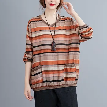 

Women Autumn Long Sleeve Blouses Shirts New 2020 Simple Style Vintage V-neck Striped Loose Ladies Cotton Linen Casual Tops S2070