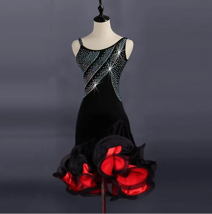 Sleeveless Velvet Bodice Halter Neck Latin Dance Dress Sparking Rumba Chacha Dancewear Adult Stage Show Costumes 3 Colors B0063