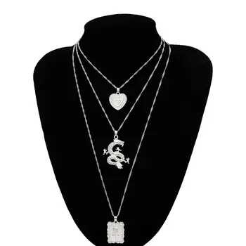 

New Goth Punk Chain Choker Necklace Hip hop Layered 3Pce/Set Crystal Dragon Heart Coin Pendant Necklace for Women Jewelry