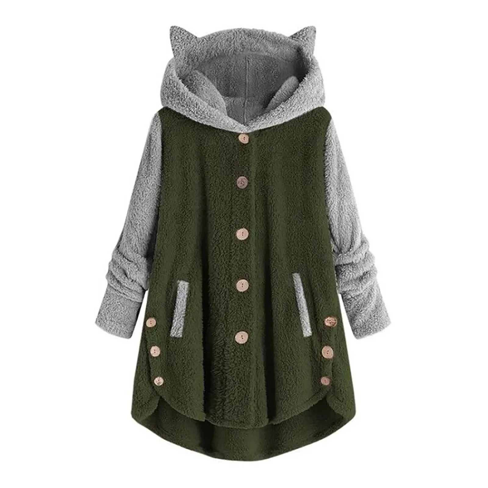 Winter Women Hooded Cat Ear Plush Top Lovely Irregular Color Matching Sleepwear Casual Girls Cute Homewear Plus Size femme 2
