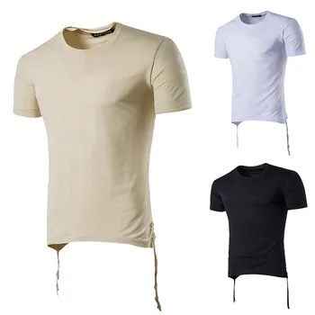 

Men's Ripped Hole Short Sleeve T-shirt New Drawstring O-neck Solid Color Tops Spring Summer Fashion Casual Sport футболки YL5