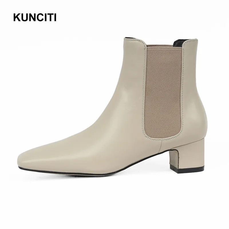 

2019 KUNCITI Stretch Boots Med Heel Ladies Ankle Boots Genuine Leather Elastic Shoes New Design Korean Style Autumn Boots D9107