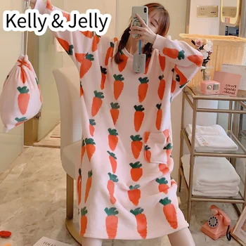 

Chunky flannel cute girl nightdress, carrot print coral velvet dress and free storage bag for fall/winter 2019