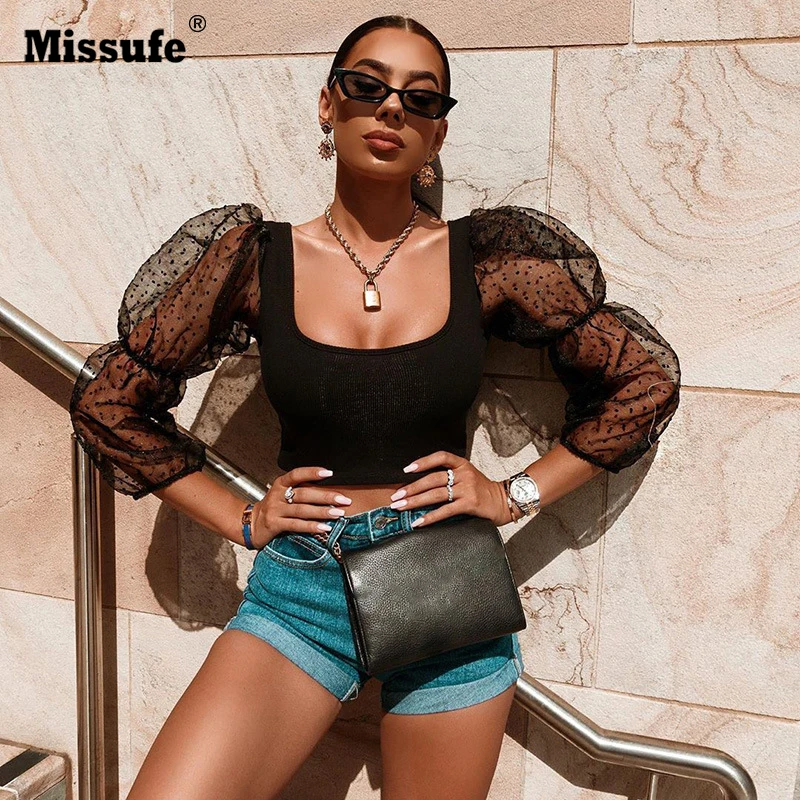 

Missufe Sexy Mesh See Through Perspective Puff Sleeve Crop Tops Autumn Women Backless Patchwork Slim U-Neck T-Shirt Tees