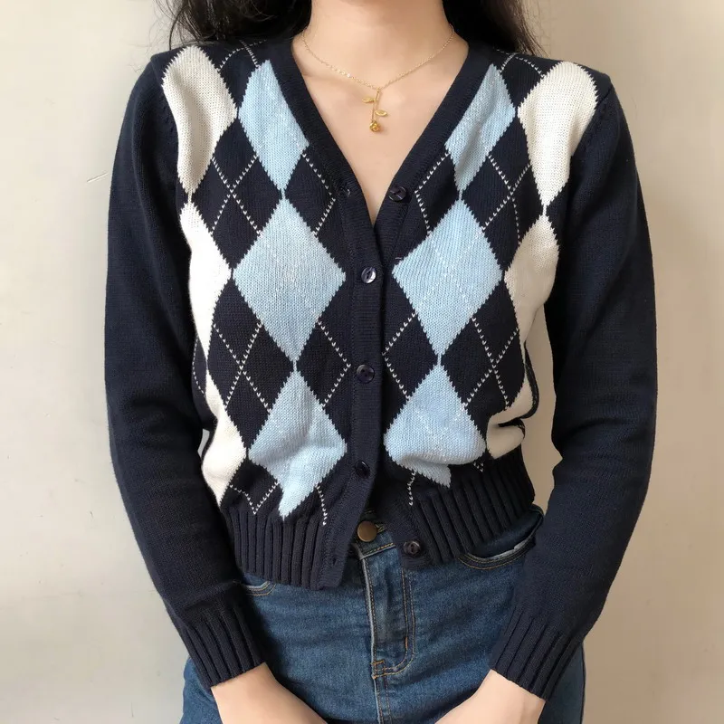 Fashion Argyle Cardigan Sweater Women 