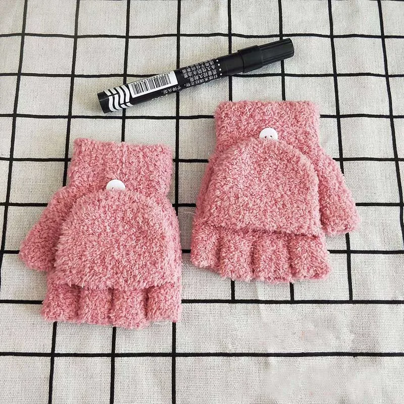Детские перчатки из кораллового флиса двойного назначения, перчатки с полупальцами, зимние теплые варежки для мальчиков и девочек - Цвет: pink