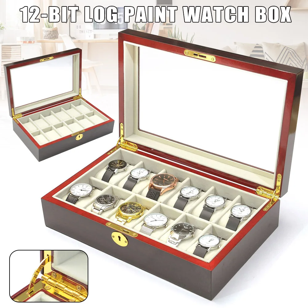 

12 Slots Watch Protective Box Wooden Case Display Organizer Storage Tray for Men Women @M23