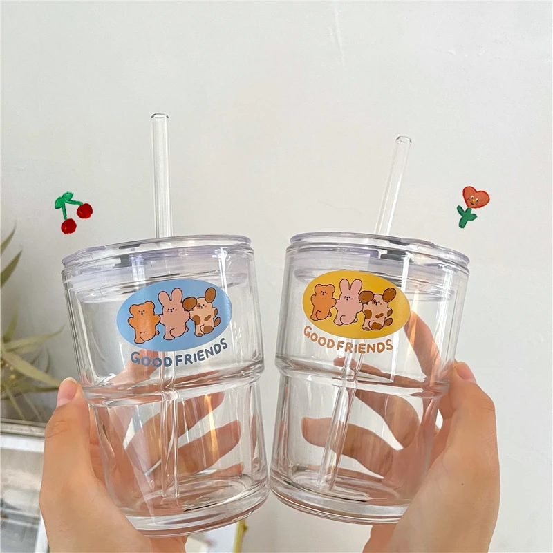 Tasse à lait pour enfants avec paille, verre transparent 400 ml