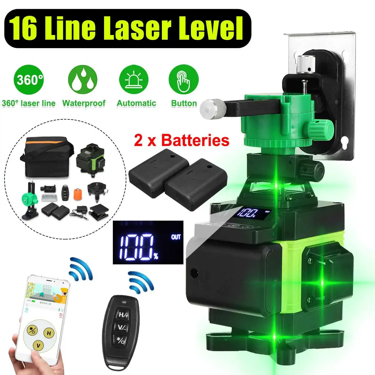 Zeast 16 Line Laser Level 4d Powerful Green Light Remote Control Horizontal Vertical Self