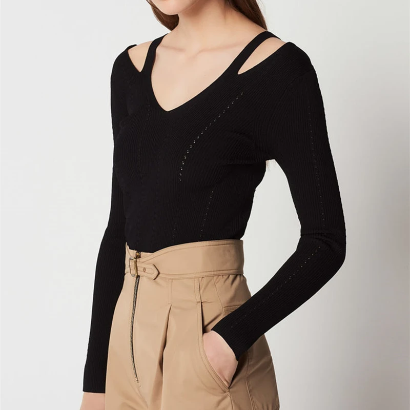 

Tunjuefs Slim Fit Sexy Hollow Out Sweater Women Jumper Solid V-Neck Elegant Bodycon Pullovers Long Sleeve Jersey Knitted Top