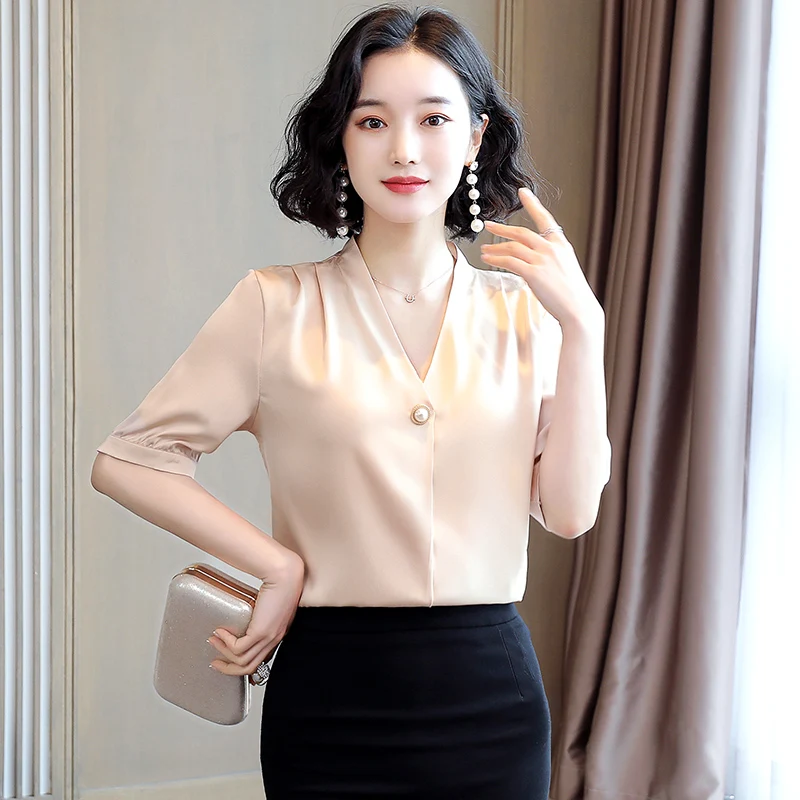 

Korean Silk Women Blouses Women Satin Blouse Tops Elegant Woman V-neck Short-Sleeve Shirts Plus Size Blusas Solid Button Short