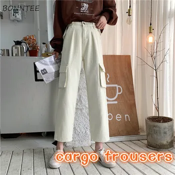 

Jeans Women Ulzzang Korean Style Loose Straight Trendy Simple High Waist All-match Students Pockets Ankle-length Cargo Trousers