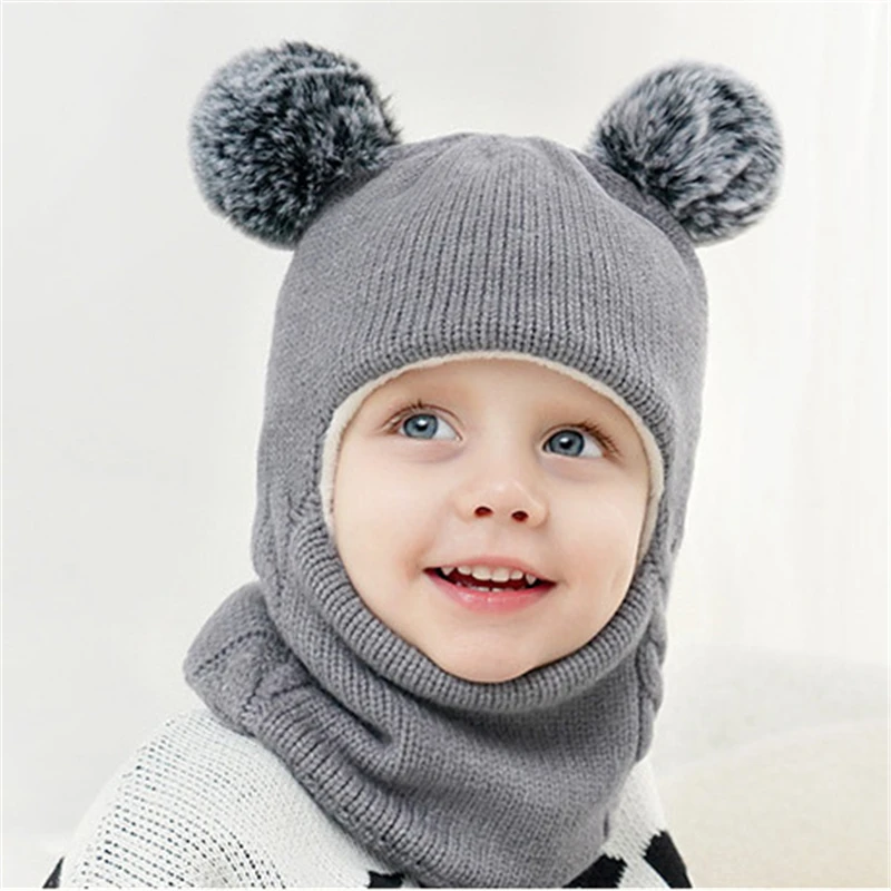 

Cute Knitted Pompom Girls Winter Kids Caps New Bonnet Kid Baby Boy Girl Hooded scarf Caps Hat Winter Warm Knit Flap Cap Scarf