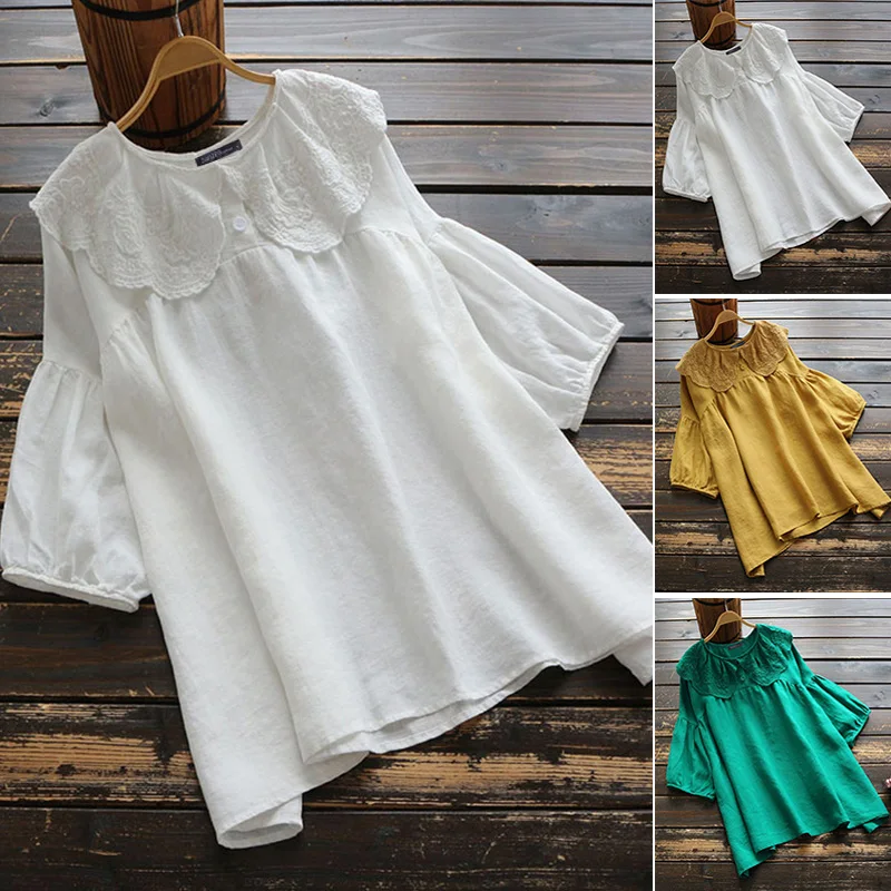 Женская кружевная вязанная блуза ZANZEA Kaftan, хлопковые топы, летние блузки с кукольным воротником, женские рубашки с рукавом 3/4 размера плюс, однотонная туника