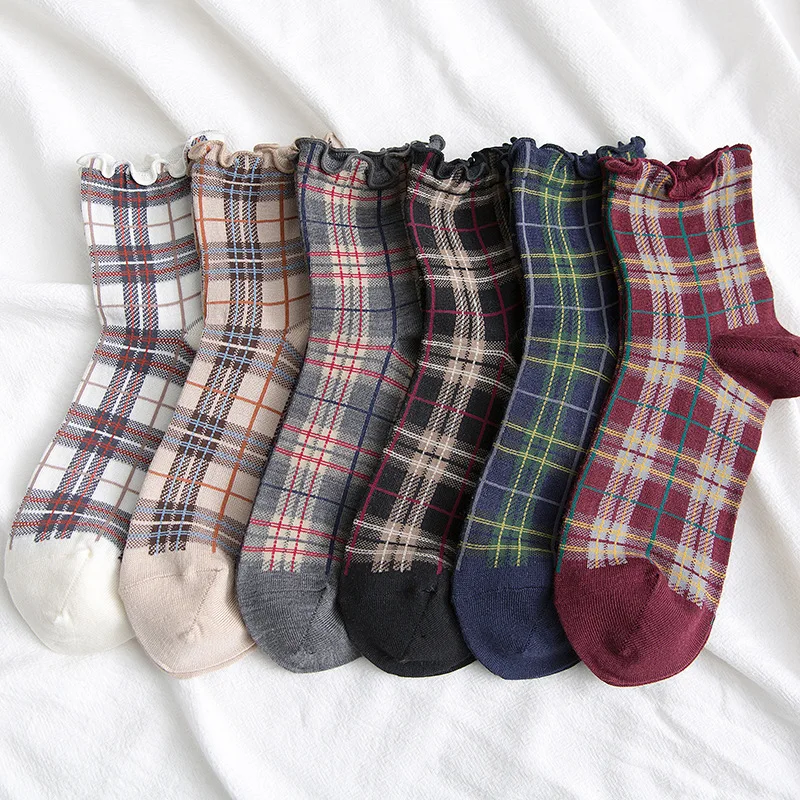 

Summer Short Socks Women stringy selvedge Girls Student College Style Retro Ladylike Style Cotton Young lady plaid Ruffle Fun