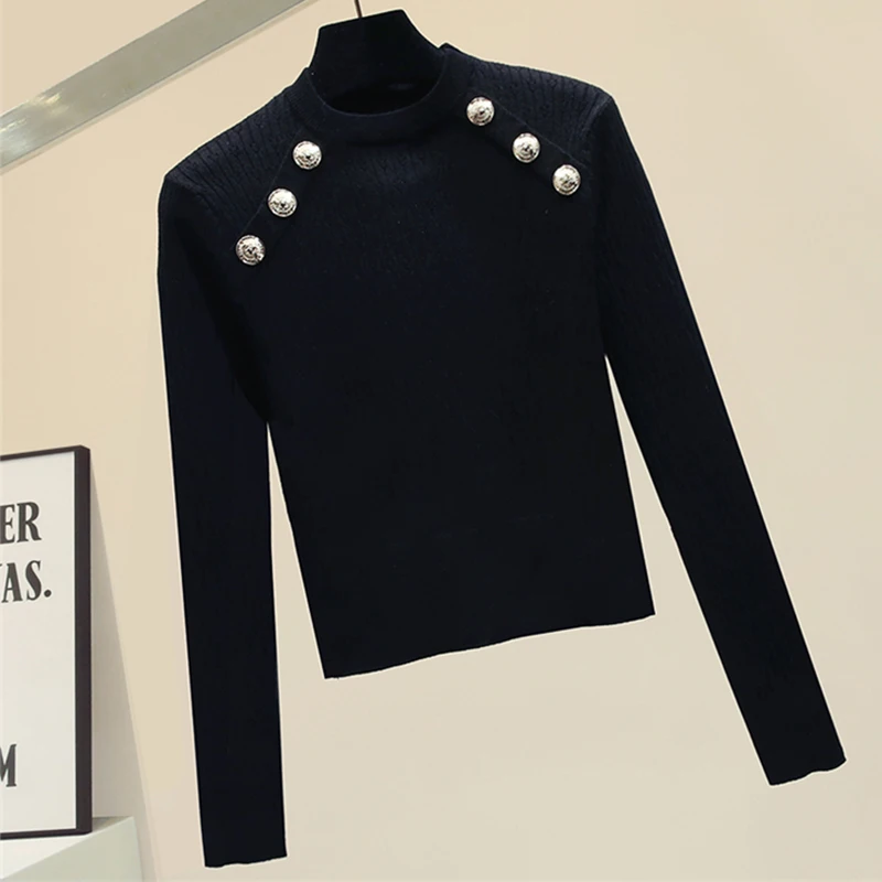 

Jumpers Button Fall Clothes For Women 2020 winter Knitted Sweater Long Sleeve Women Sweaters Black